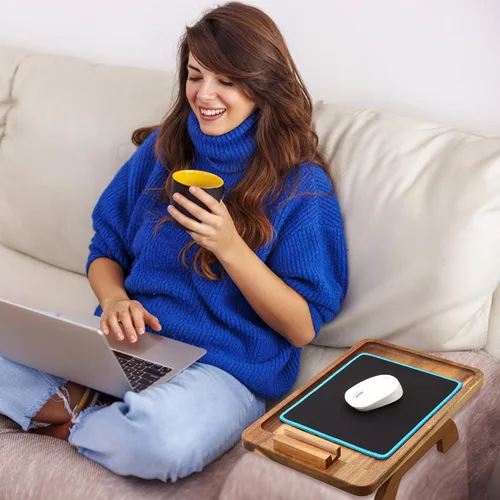 Miniatura 4 de SINWANT Mesa de Brazo para Sofá, Mesas de Reposabrazos de Sofá de Madera de Acacia, Mesa de Reposabrazos de Sofá con Soporte para Teléfono de 360°