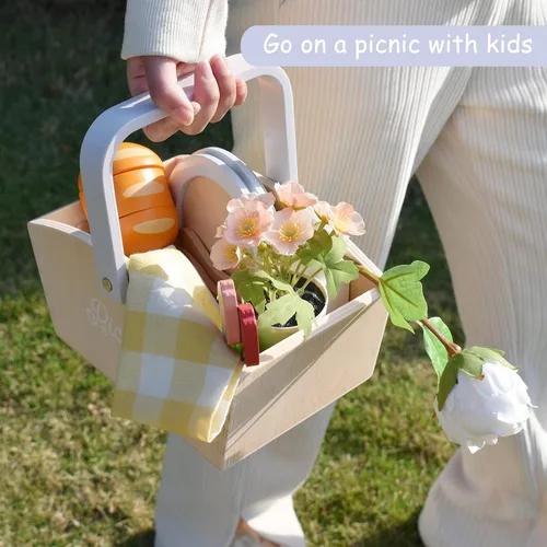 Miniatura 2 de Pillowhale Juego de Comida de Picnic de Madera – Juego de Cocina de Juguete para Niños de 21 PIEZAS con Manta, Frutas para Cortar y Configuraciones