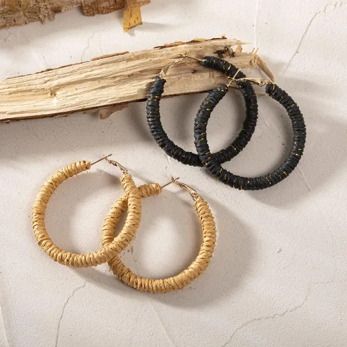 Miniatura 5 de Aretes de ratán hechos a mano, diseño circular de mimbre trenzado, diseño de mimbre de paja trenzada, estilo bohemio, aretes de gota de verano