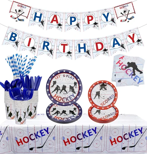 Suministros para fiestas de hockey – Paquete de fiesta temática de hockey sobre hielo para fanáticos del hockey sobre hielo para el día de partido