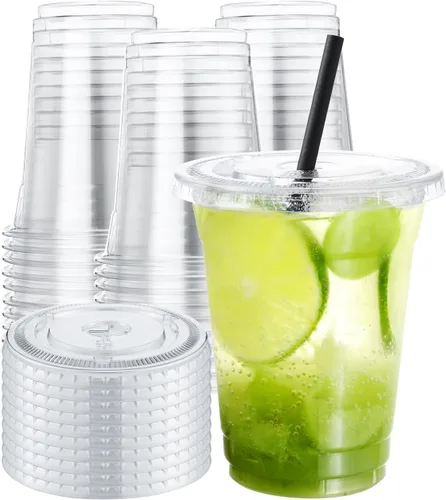 Miniatura 8 de NEEBAKE 150 Juegos de Vasos de Plástico Desechables de 9 oz con Tapas - Vasos Transparentes para Beber, Vasos de Plástico para Café Helado, Batidos