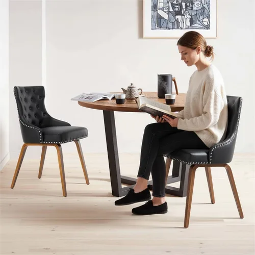 Miniatura 2 de Juego de 2 sillas de comedor tapizadas de piel sintética con botón de cabeza de clavo y patas de madera, sillón moderno de mediados de siglo