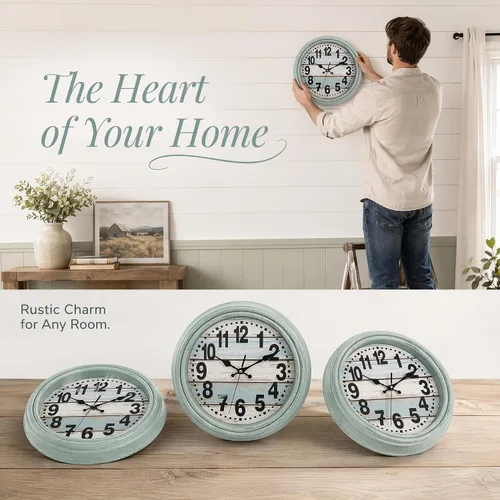 Miniatura 7 de ZENFUN Reloj de pared rústico de 12 pulgadas, reloj de pared silencioso sin tictac, funciona con pilas, decoración de pared de estilo rústico