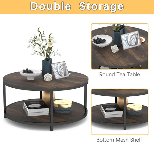 Miniatura 4 de NSdirect Mesa auxiliar redonda de 36 pulgadas, superficie de madera rústica y patas de metal resistentes, mesa industrial para sala de estar, Marrón