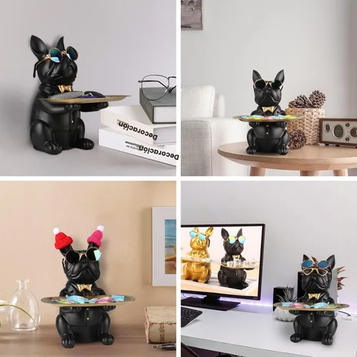 Miniatura 7 de suruim Regalos de Bulldog Francés Portallaves Bandeja para Dulces Decoración del Hogar Estatua de Mayordomo de Resina Cuenco para Llaves Mesa