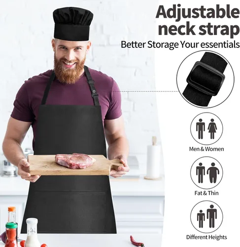 Miniatura 5 de Juego de delantal y sombrero de chef, sombrero de chef y delantal de cocina con bolsillos delanteros para adultos