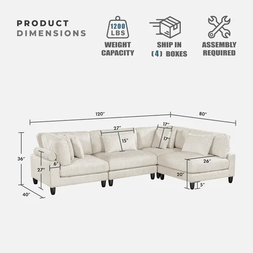 Miniatura 2 de Lexicon Sofá modular de 120 pulgadas, sofá modular de microfibra de gran tamaño de 4 plazas en forma de L, 6 almohadas decorativas y arreglo Beige