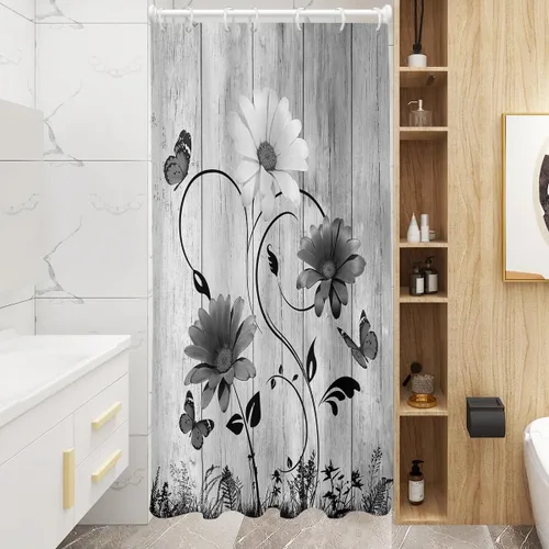 Miniatura 11 de AAtter Cortina de ducha floral azul rústica boho gris blanco amarillo margarita naturaleza negro botánico telón azul verdoso turquesa tela única