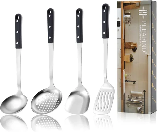 Miniatura 14 de Pleafind 2 piezas Cucharón y cuchara ranurada, cucharón para sopa y cuchara colador, cucharas de cocina y espumaderas de acero inoxidable, Gris