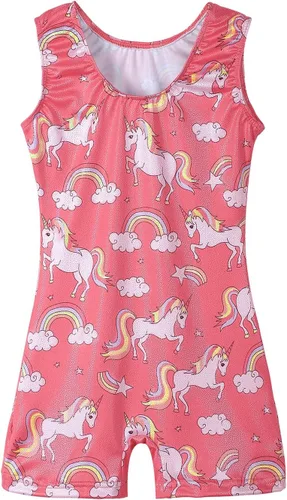 Miniatura 196 de HOZIY - Leotardos de gimnasia con pantalones cortos brillantes para niñas pequeñas; estampados de unicornio, aurora, arco iris, sirena, dinosaurio