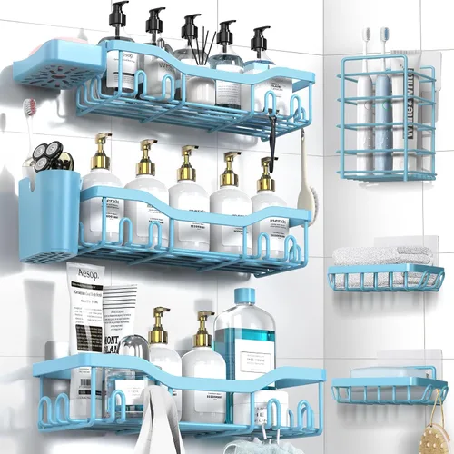 Miniatura 20 de NESOMI Organizador de Ducha Adhesivo Juego de 7 Piezas, Estantes de Baño de Acero Inoxidable a Prueba de Óxido, Accesorios de Almacenamiento sin