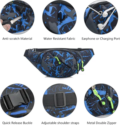 Miniatura 5 de Riñonera para hombres y mujeres, multifunción, resistente al agua, cinturón ajustable, para caminar y correr, Azul Patchwork, Clásico