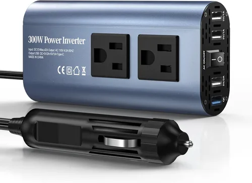 Inversor de corriente para automóvil de 300 W, DC 12 V a 110 V CA adaptador de enchufe de automóvil con cargador rápido USB (25 W), USB-A (20 W) y