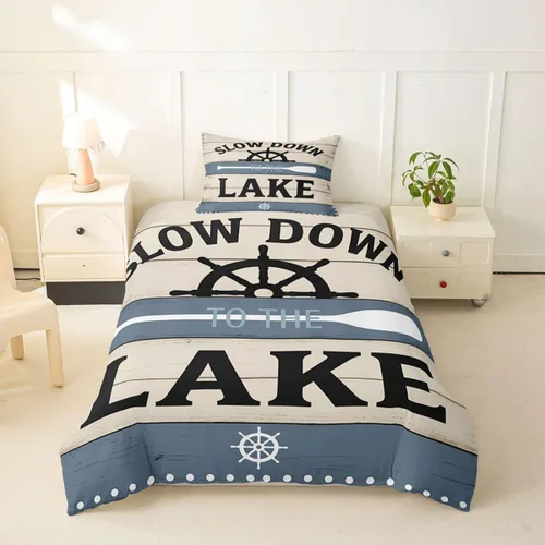 Erosebridal Lake House Twin Bed Set for Boys Girls Kids, Blue and Beige Lakehouse 2Pcs Duvet Cover with Zipper, Rustic Farmhouse Bedding Sets,