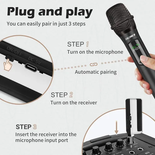 Miniatura 8 de talomen Micrófonos inalámbricos, micrófono dual profesional de karaoke para cantar, sistema de micrófono dinámico inalámbrico de mano con receptor