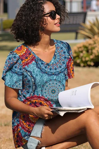 Miniatura 2 de CATHY 2025 - Blusas de verano para mujer, con mangas cortas, cuello en V, estilo túnica, tallas S-4XL