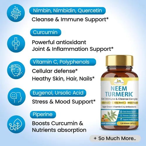 Miniatura 6 de Organic Veda Cápsulas de cúrcuma Neem – Complejo herbario 5 en 1 con fruta Amla, albahaca santa, pimienta negra – Suplemento inmunológico