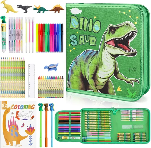 Set de marcadores con aroma a frutas de 57 piezas con estuche de dinosaurio brillante y papelería, suministros de arte para niños de 4-6-8 años,