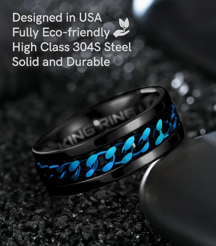Miniatura 16 de King Ring Anillo giratorio de 0.315 pulgadas, anillo plano pulido fino para hombres y mujeres con cadena cubana, diseñado en Estados Unidos