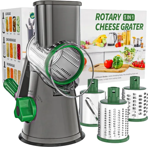 Miniatura 10 de Cambom Kitchen - Rallador de queso giratorio para queso, manual de cocina con mango, cortador de verduras, nueces, 3 cuchillas de tambor Rosa