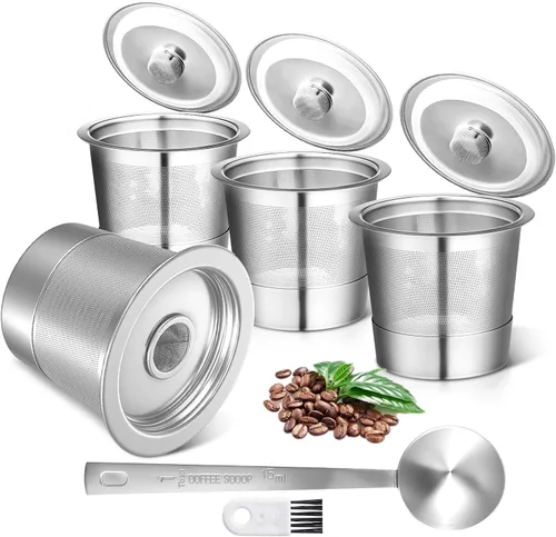 Miniatura 8 de Paquete de 2 tazas K reutilizables para Keurig 1.0 – Cápsulas de café reutilizables de acero inoxidable K Cup con cuchara de metal, cepillo y 4