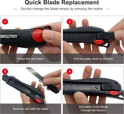 Miniatura 6 de HAUTMEC Cuchillo utilitario de 18 mm con agarre suave y bloqueo automático con interruptor de seguridad rojo, cortador resistente con hoja negra