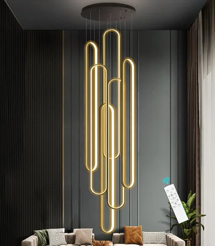 Miniatura 12 de Candelabros LED modernos para entrada de vestíbulo, techo alto, lámparas de escalera largas, regulables, montaje empotrado, alto recibidor, Negro
