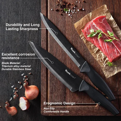 Miniatura 4 de Wanbasion Juego de cuchillos de cocina profesional negro, de acero inoxidable, apto para lavavajillas con fundas