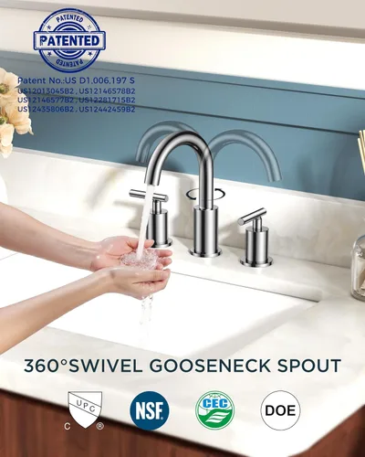 Miniatura 4 de FORIOUS Grifo de baño cromado de 3 agujeros, 8 pulgadas, grifo de lavabo de baño de cromo pulido de 6 pulgadas con drenaje desplegable de metal