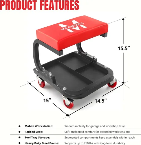 Miniatura 2 de MaxWorks Asiento Rodante para Mecánicos, Capacidad de 250 Libras, Taburete Deslizante Acolchado de Taller Rodante con Bandeja de Almacenamiento