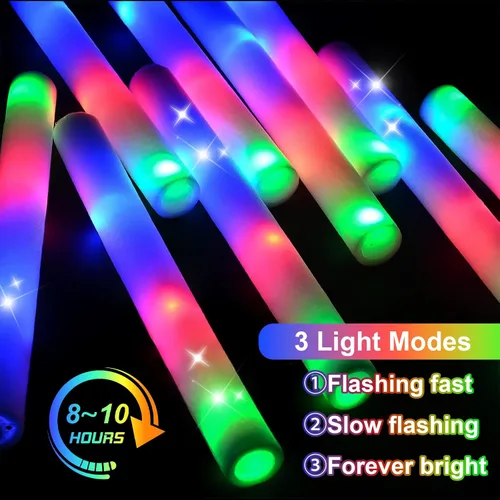 Miniatura 3 de 24 varillas de espuma iluminadas, bastones de espuma LED brillantes con 3 modos de efecto intermitente colorido, brillan en la oscuridad