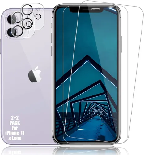 BIGFACE Protector de pantalla para iPhone 11 + protectores de lente de cámara, [2 + 2 unidades] Vidrio templado transparente HD de alta calidad,