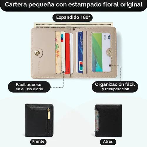 Miniatura 4 de Billetera pequeña para mujer, con bloqueo RFID, de piel, plegable, para tarjetas de crédito, con ventana de identificación, con cremallera, bolsillo