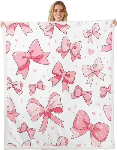 Miniatura 10 de Manta de franela con lazo rosa, manta de vellón con lazo en acuarela para decoración del hogar, sofá, sofá, manta de forro polar kawaii de dibujos