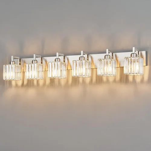 Miniatura 27 de Lámpara de tocador moderna de 2 luces de níquel cepillado, lámpara de tocador de cristal, luz de pared de baño, accesorios de iluminación de baño