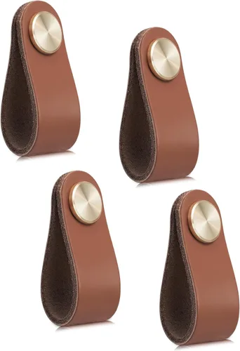 Miniatura 13 de Paquete de 4 tiradores de cuero para cajones, color beige, pomos de puerta de armario de 3.7 pulgadas, tiradores de piel sintética para tocador