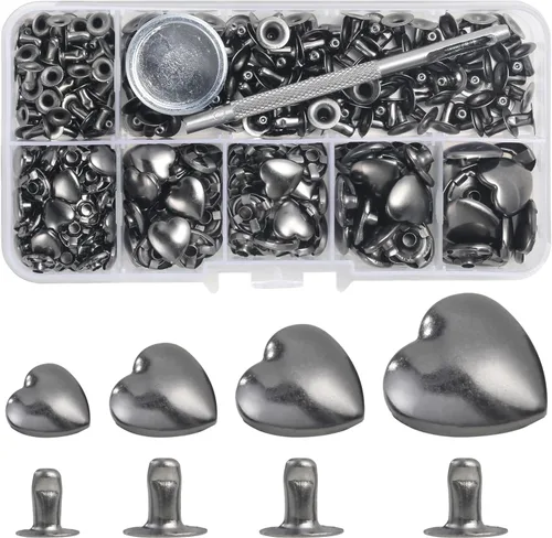 YORANYO Set de 150 remaches de tamaño mixto - Remaches de metal y herramienta para cuero, tela y más Corazón - Gun Metal