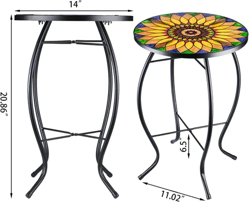 Miniatura 3 de VCUTEKA Mesa auxiliar de girasol para exteriores, diseño de mosaico, parte superior de cristal pequeña, redonda, mesa auxiliar de patio, mesa