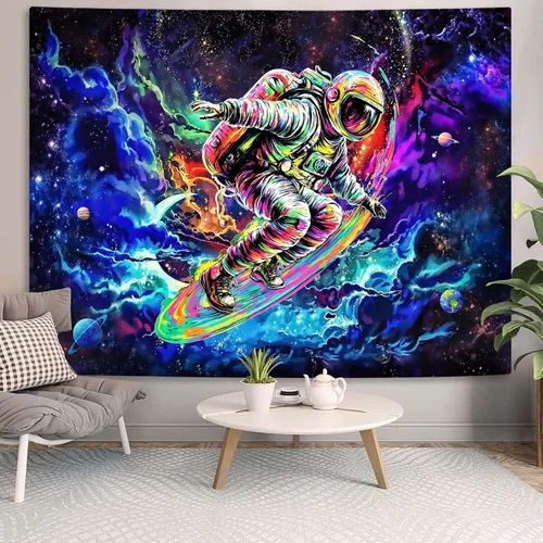 kampdream Tapiz de astronauta de surf espacial, colgante de pared de arte cósmico y galaxia planetaria, póster de decoración genial para