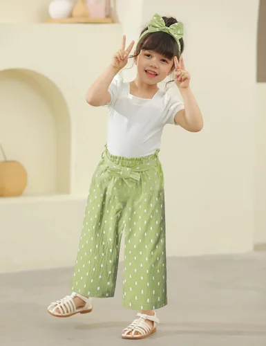 Miniatura 48 de DONWEN Conjunto de 3 piezas de ropa para niñas pequeñas y niñas con cuello cuadrado + pantalones elegantes + diadema para primavera y verano