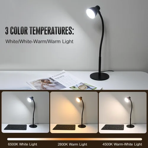 Miniatura 2 de Lámpara de escritorio LED de cuello de cisne regulable pequeña para oficina en casa, luz de lectura CRI 90+ cuidado de los ojos, brillo ajustable