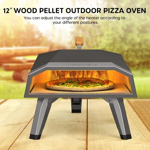 Miniatura 2 de ECOWELL Horno de pizza de pellets de madera de 12 pulgadas para exteriores, horno de pizza portátil de leña con piedra, horno de pizza de acero
