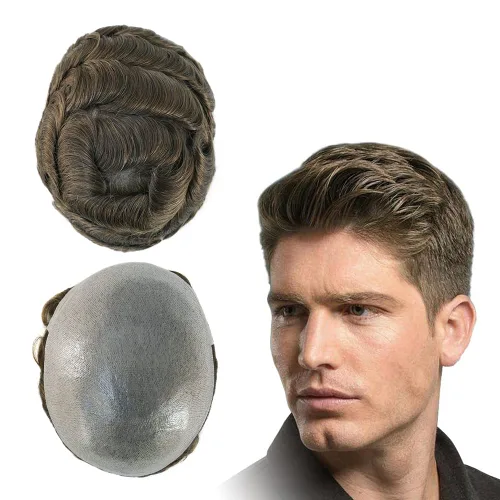 HAIR NATURE Toupee para hombres piezas de cabello humano, sistema de reemplazo de cabello, 0.001 in piel ultrafina en V, unidades de cabello castaño