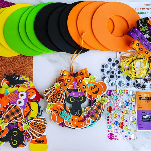 Miniatura 2 de Winlyn 12 juegos de manualidades de Halloween, decoraciones de corona de otoño con calabaza, monstruo, maíz caramelo, araña, murciélago, calcomanías