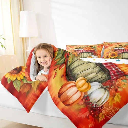 Miniatura 3 de Juego de edredón de cosecha de calabaza de otoño, tamaño individual, juego de ropa de cama de otoño con hojas de arce y girasol, decoración
