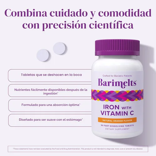 Miniatura 4 de BariMelts Hierro con Vitamina C, 90 Tabletas de Disolución Rápida (Suministro para 1 Mes), Suplemento de Hierro Bariátrico Sin Azúcar para Mujeres