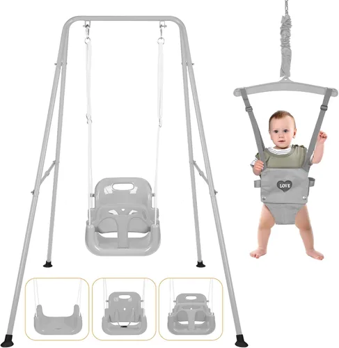 Miniatura 11 de Juego de columpio 4 en 1 para niños pequeños y jersey para bebé, columpio resistente para niños con rebotador, soporte plegable de metal