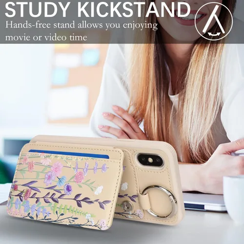 Miniatura 10 de Havaya Funda para iPhone Xs y iPhone X, cartera con tarjetero y llavero, soporte de anillo de piel sintética, diseño floral con ranuras