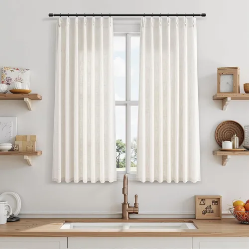 Miniatura 14 de Juego de 2 paneles de cortinas de ventana de cocina beige de 24 pulgadas de largo, con textura de lino, plisadas, filtrantes de luz, semi pequeñas