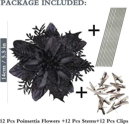 Miniatura 3 de GREENTIME 12 flores de pascua artificiales con purpurina de 5.5 pulgadas, tallos de Navidad, adornos para árbol de Navidad para fiesta de Año Nuevo